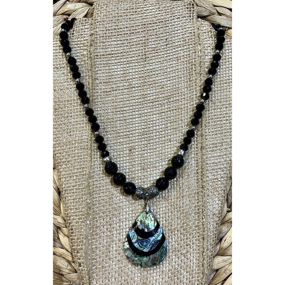 Native American Indian Navajo Abalone Shell Inlay Black Onyx Pendant Necklace - Picture 1 of 7